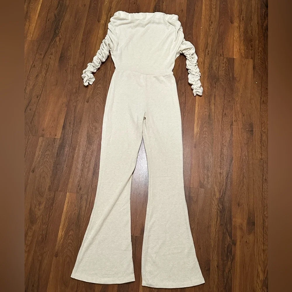 NWOT Fashion Nova Off-Shoulder Cream Jumpsuit